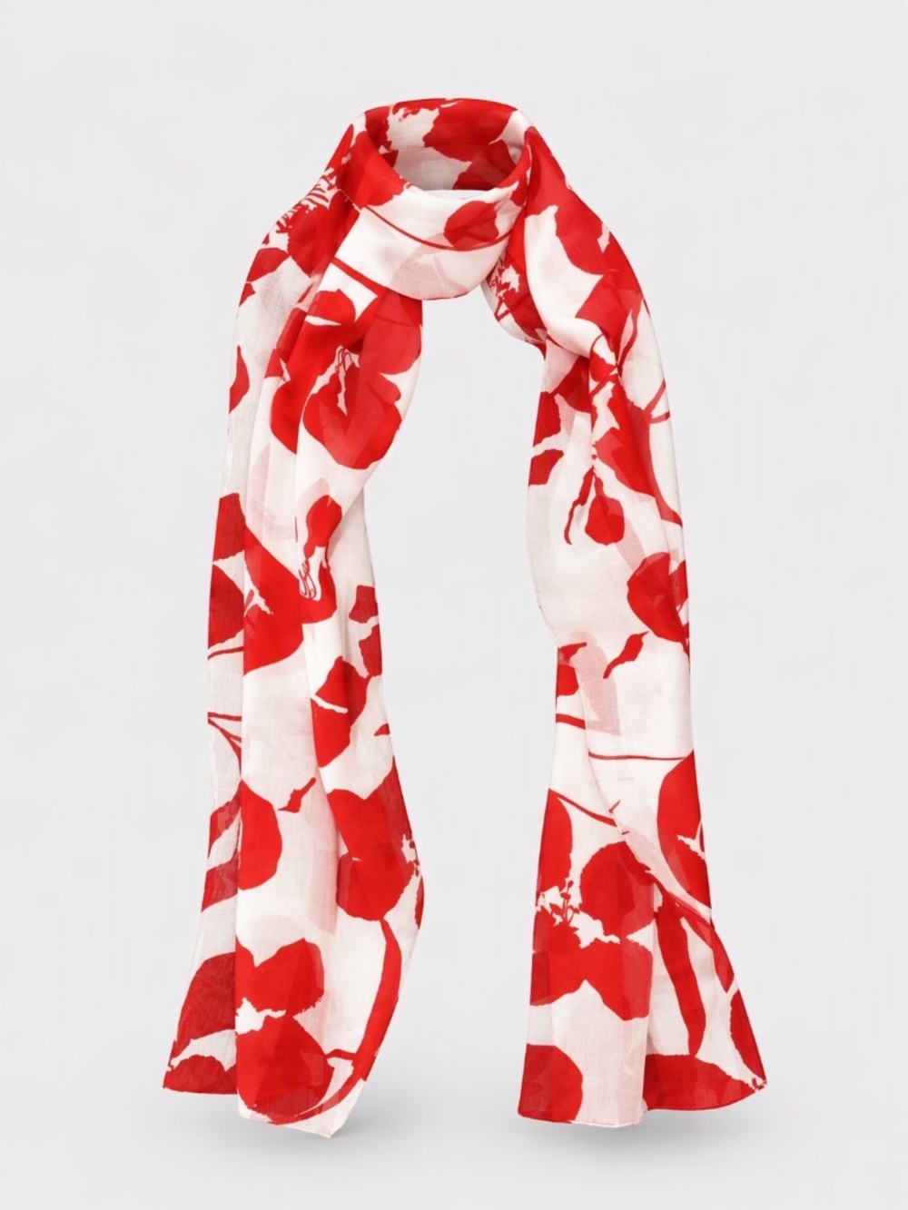 100% Silk Anne Cole Scarf Red White Floral Print Lightweight Sheer Neck Wrap